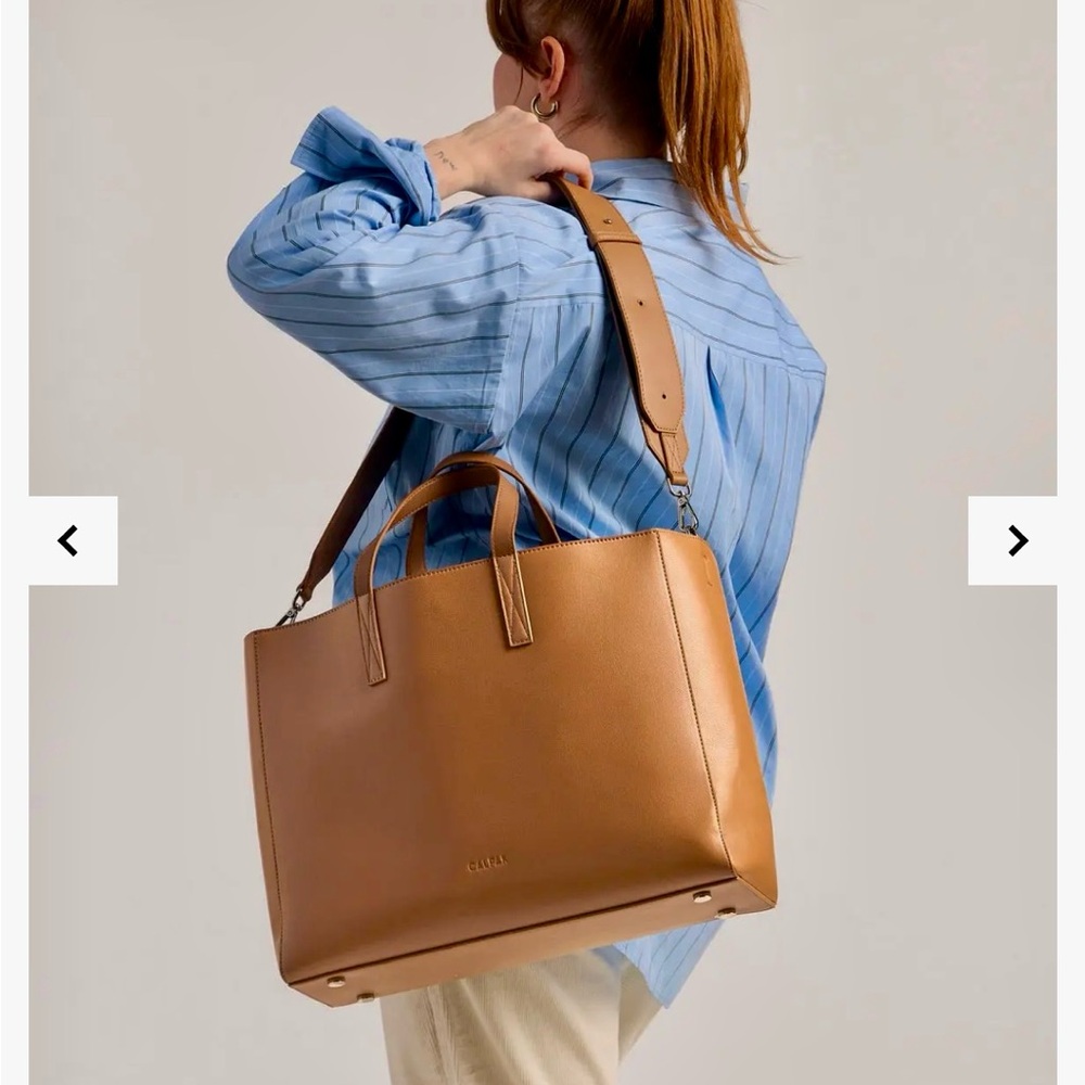 Calpak Toffee Leather Laptop Tote